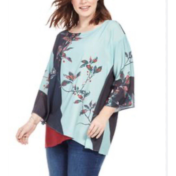 CITRON SANTA MONICA Women's Size 3X Aqua Floral Pullover 3/4 Sleeve Tunic Top - Picture 1 of 10